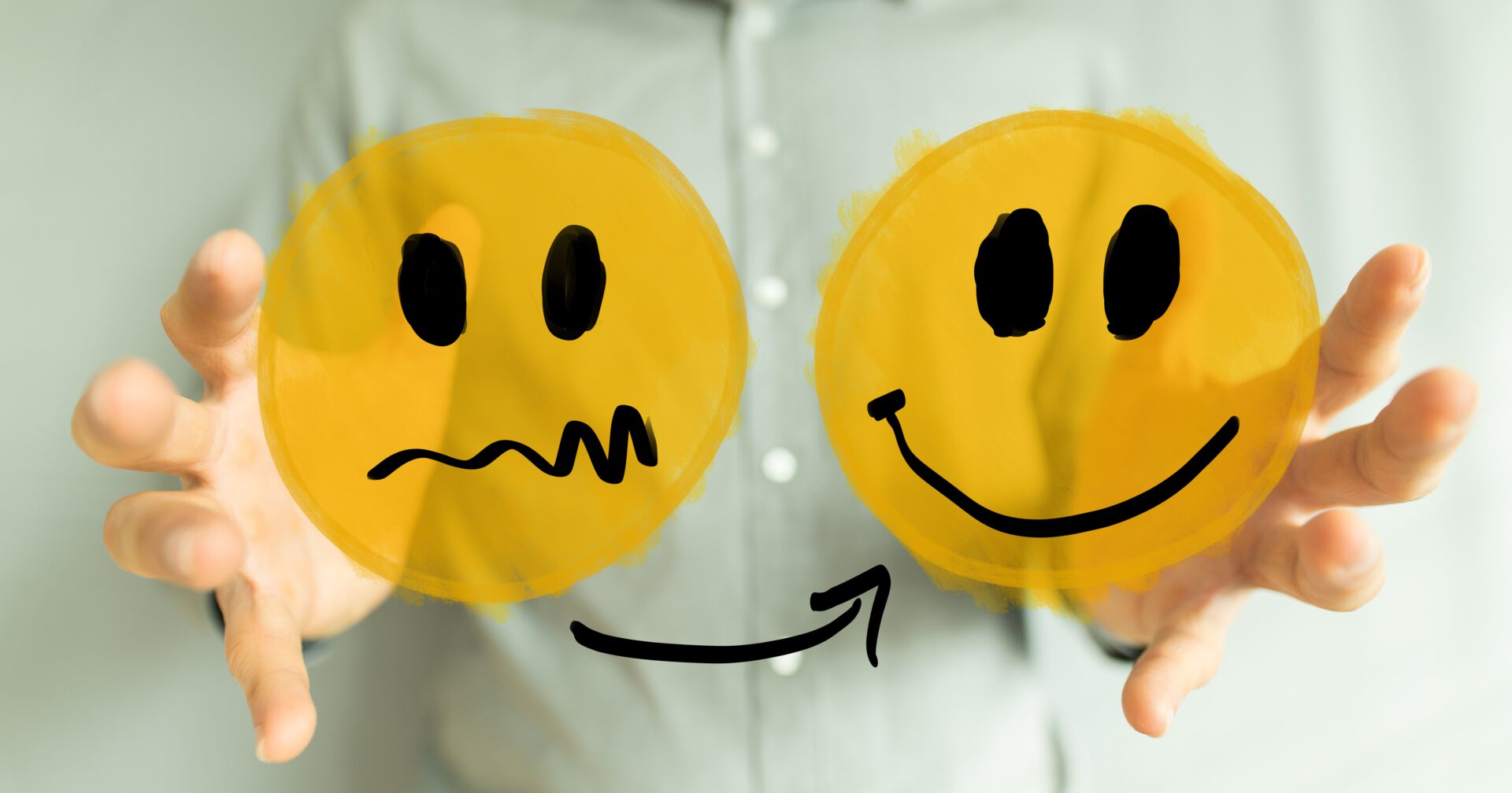Zwei gelbe Smileys vor und nach Probiotika